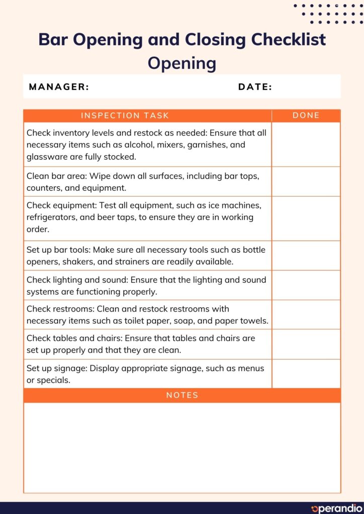bar opening and closing checklist template page 2