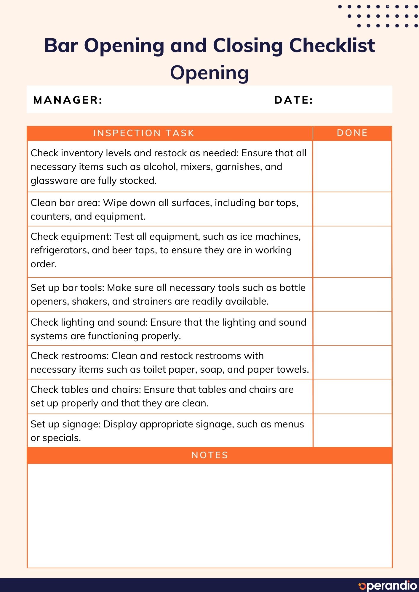 Bar Opening And Closing Checklist Template