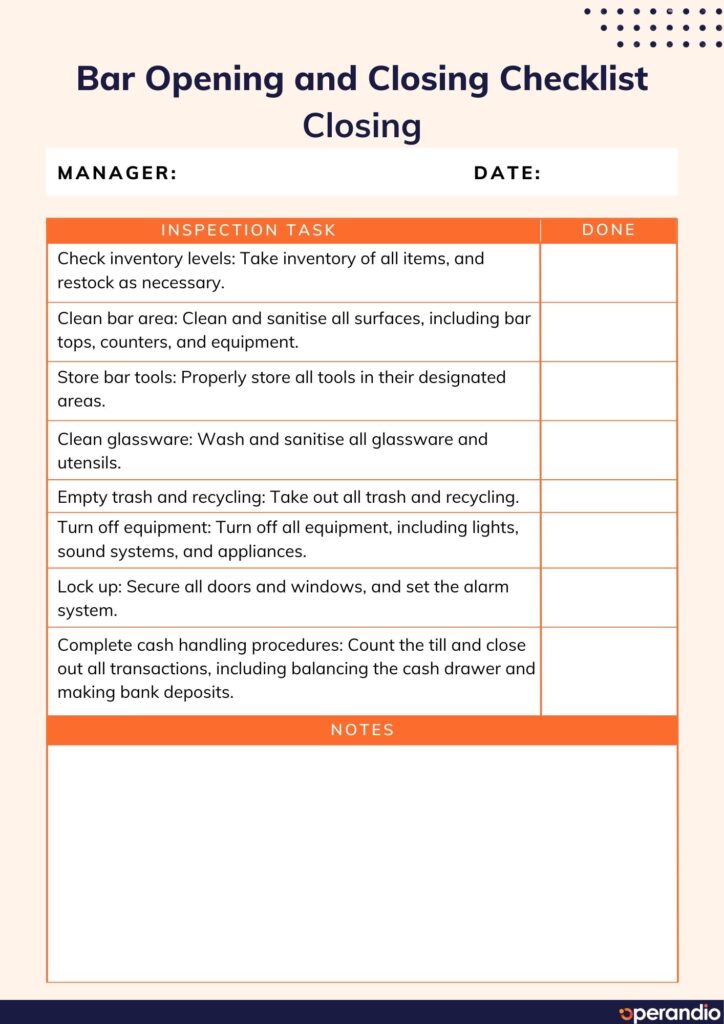 Bar Opening And Closing Checklist Template