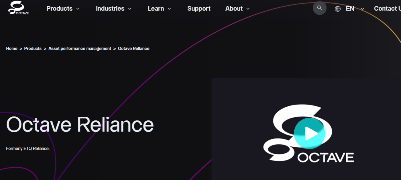 Octave Reliance webpage showcasing asset performance management software with a dark-themed interface and Octave branding.