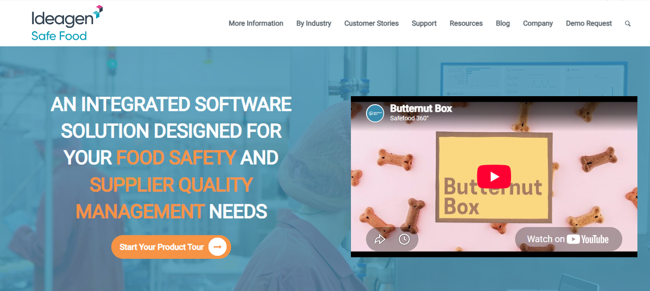 Ideagen Safe Food webpage showcasing integrated food safety and supplier quality management software for the food industry.
