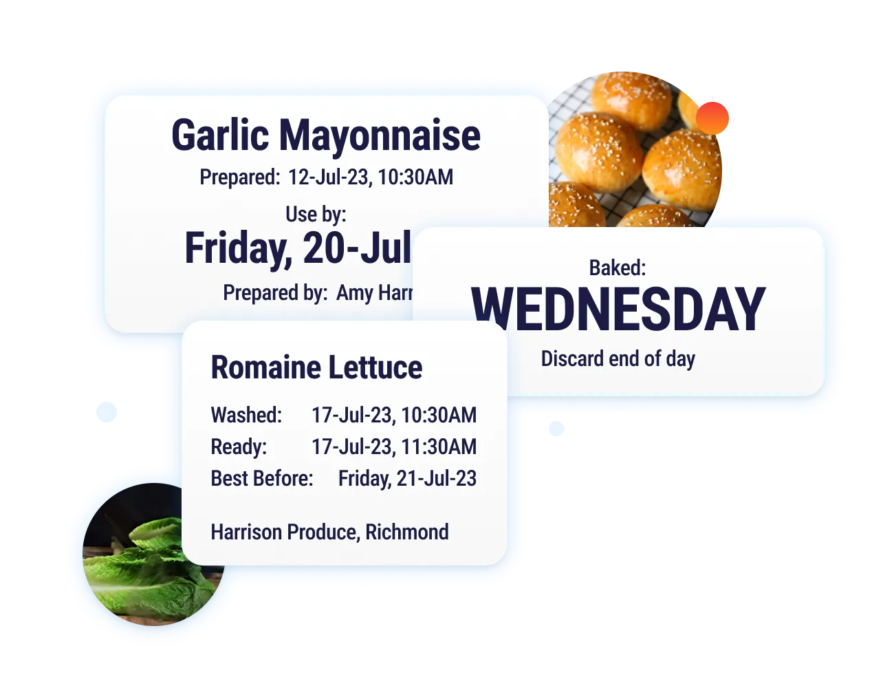 Food safety labels showing preparation dates, use-by dates, discard instructions, and best-before dates for prepared foods.