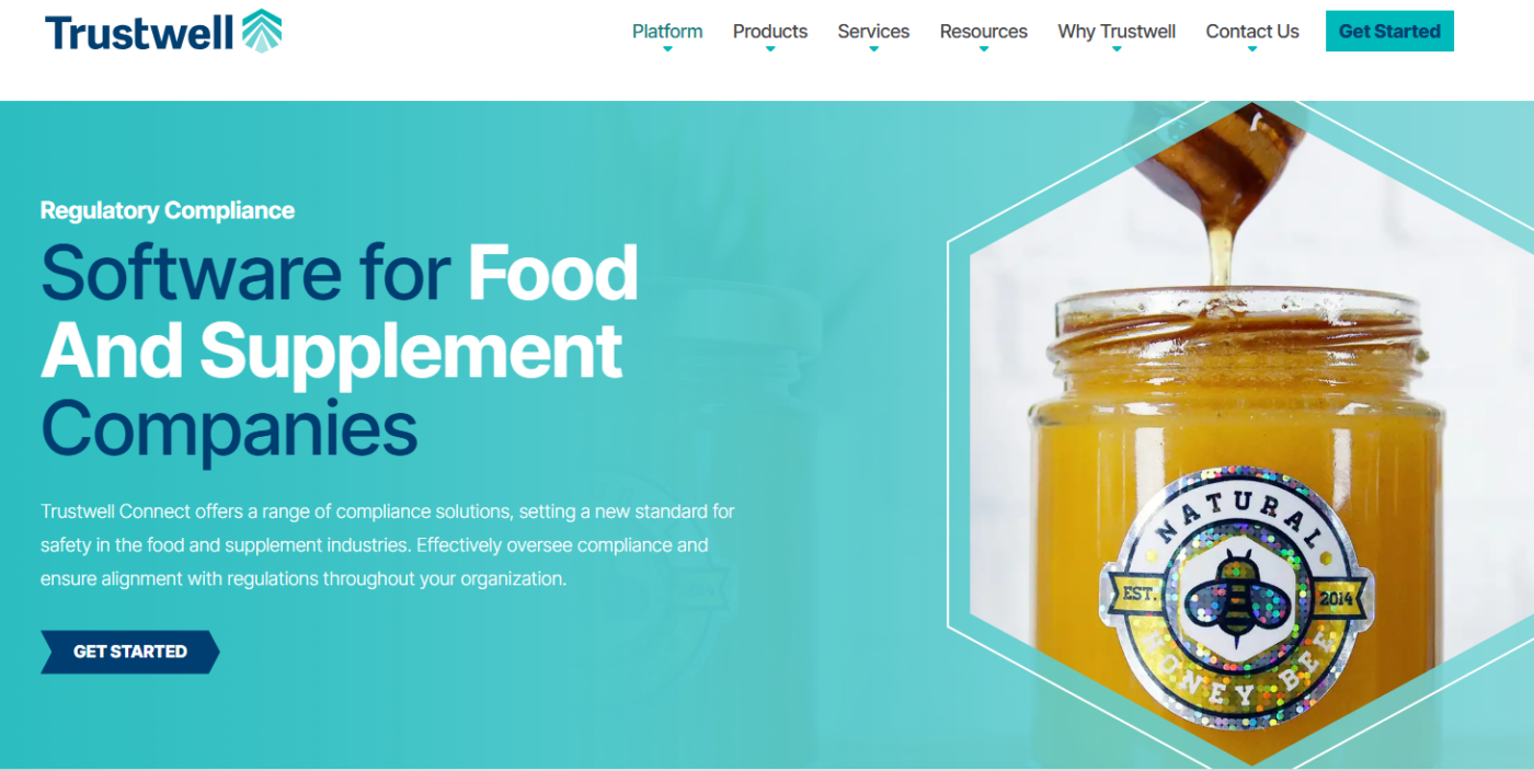 Trustwell webpage showcasing regulatory compliance software for food and supplement companies, with a focus on food safety and compliance management.