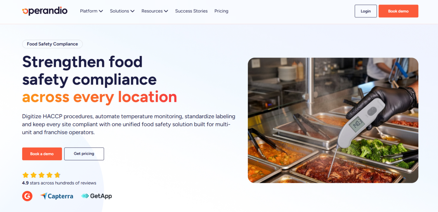 OperanDio food safety compliance software webpage featuring HACCP procedures, automated temperature monitoring, standardized labeling, and multi-location compliance.