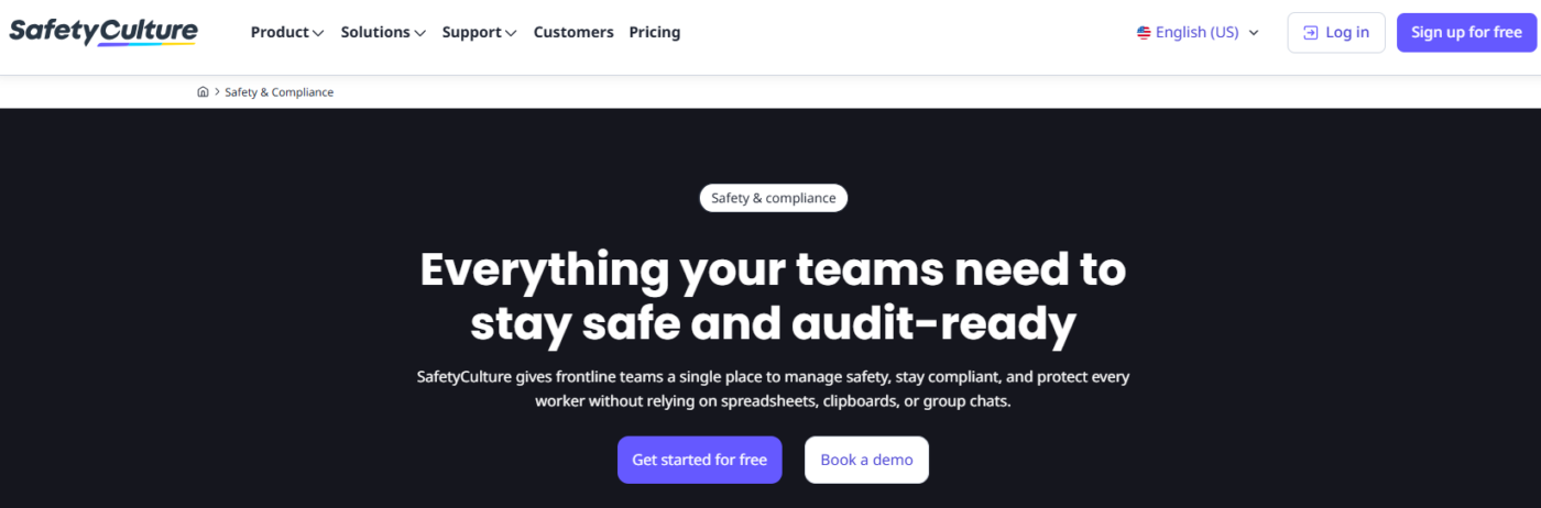 SafetyCulture safety and compliance software webpage highlighting tools for workplace safety, compliance, and audit readiness.