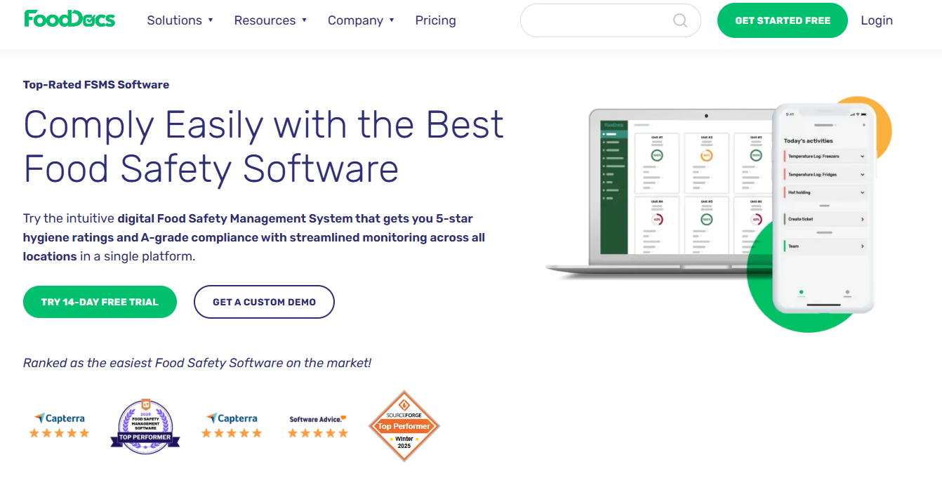 FoodDocs website homepage showcasing food safety management software for digital monitoring, compliance, and food safety operations.