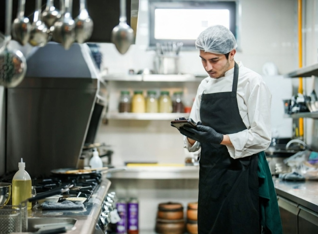 Restaurant employee using a tablet to complete a digital food safety inspection in a commercial kitchen.