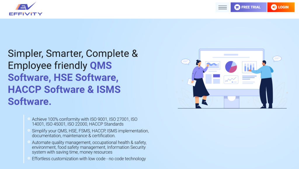 Effivity HACCP software homepage featuring food safety, quality management, HSE, and compliance management solutions.