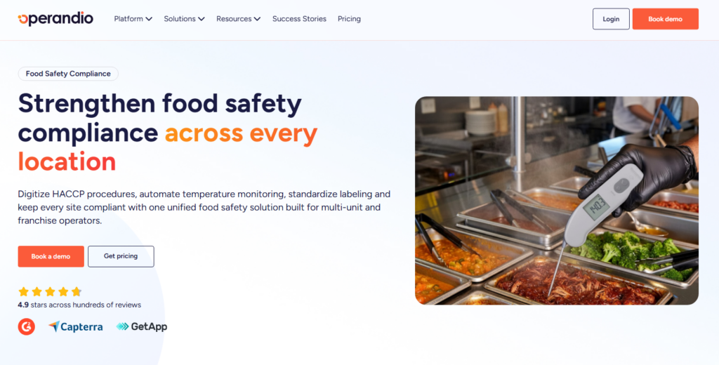 Operandio food safety compliance platform with digital HACCP monitoring, temperature checks, and multi-location compliance management.