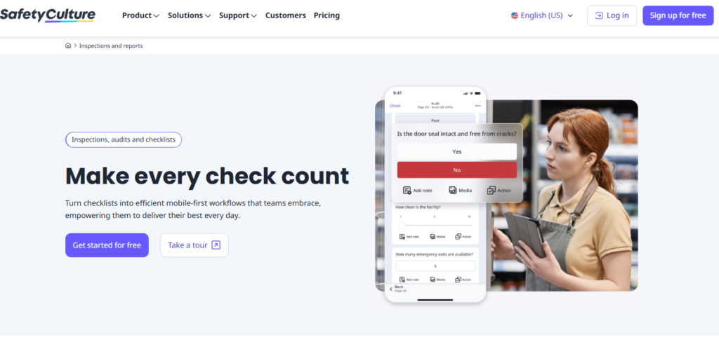 SafetyCulture mobile inspection software for digital checklists, audits, and workplace inspections with real-time reporting.