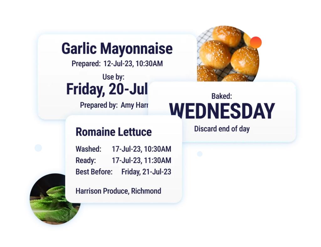 Food labeling system showing prep dates, use-by dates, and discard labels for safe food storage and HACCP compliance.