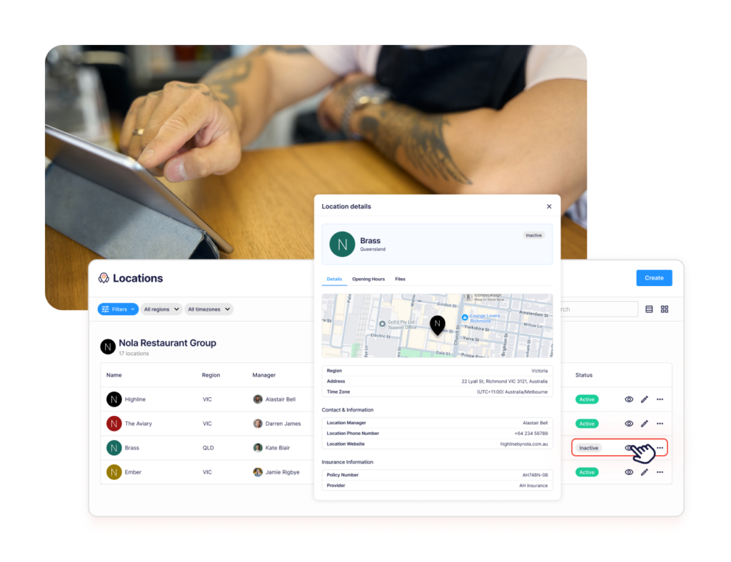 Restaurant location management dashboard displaying multiple locations, detailed site information, map view, and status controls for restaurant operations.