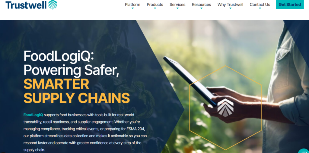 Trustwell FoodLogiQ platform for food traceability, supplier management, and food safety compliance across the supply chain.