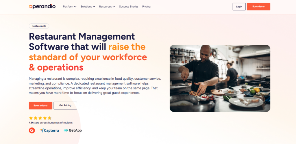 Operandio restaurant management software homepage promoting workforce management, food safety, compliance, and restaurant operations.