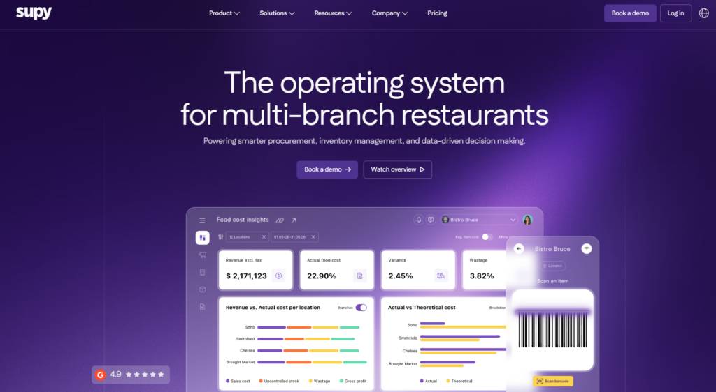 Supy restaurant management platform showcasing inventory management, food cost analytics, procurement, and multi-location restaurant operations.