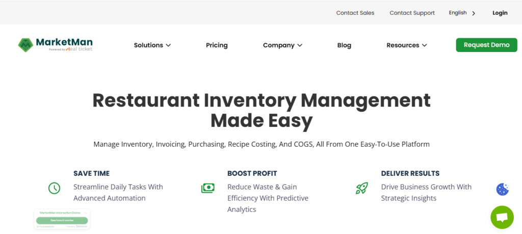 MarketMan restaurant inventory management software homepage highlighting inventory, purchasing, recipe costing, invoicing, and food cost management.