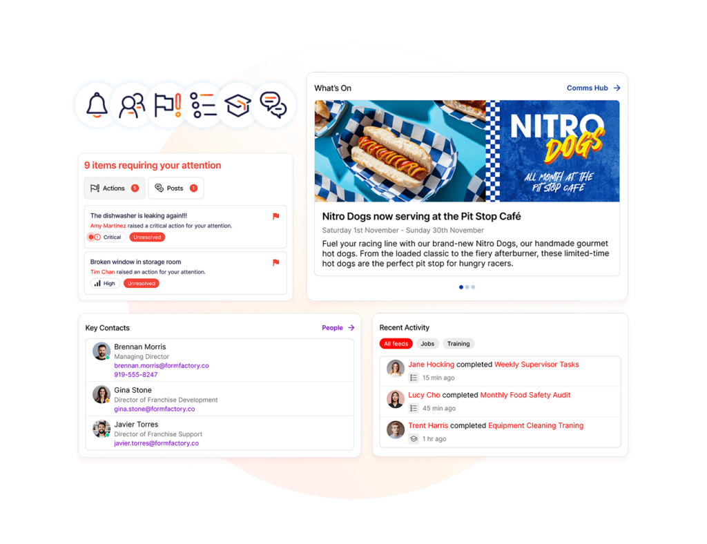 Operations dashboard displaying alerts, announcements, key contacts, and recent activity, helping restaurant teams manage tasks, food safety, communications, and daily operations from one interface.