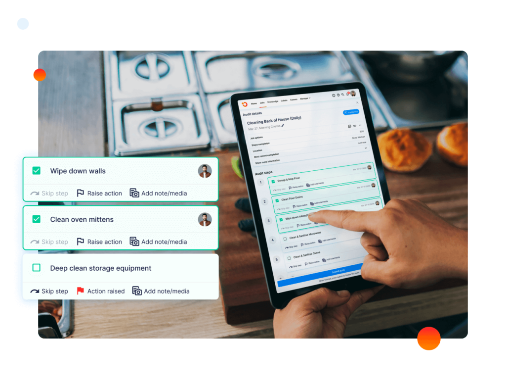 Restaurant task management app on a tablet showing digital cleaning checklists, completed tasks, and food safety actions in a commercial kitchen.