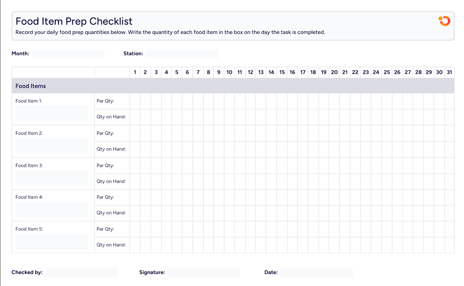Food Item Prep Checklist