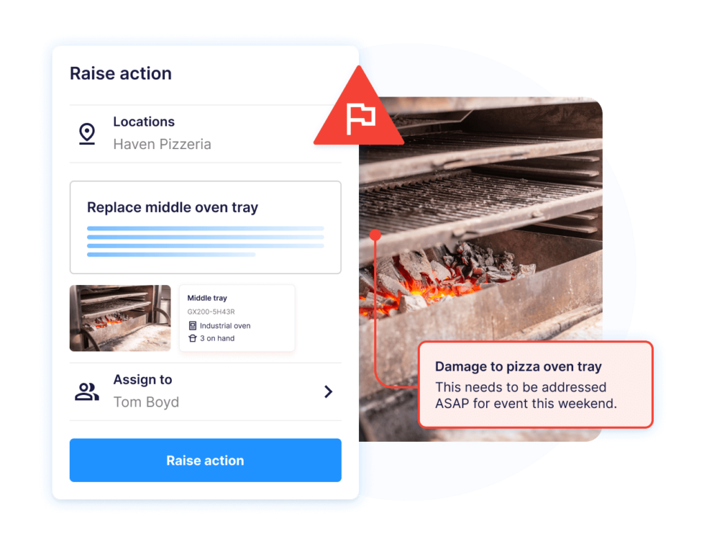 AI photo evaluation panel raising a corrective action for oven damage.
