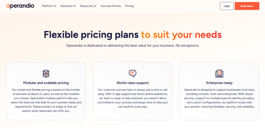 Operandio pricing page showing flexible plan options.