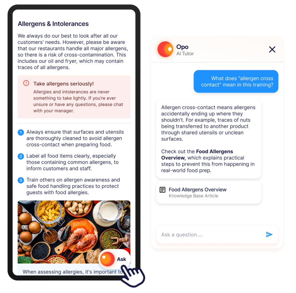 Mobile training UI with an AI tutor chat screen.