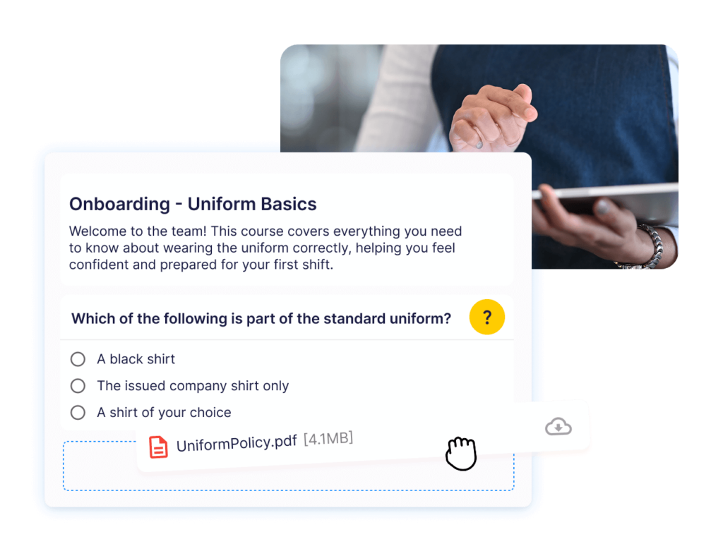 Online quiz module for employee uniform onboarding.