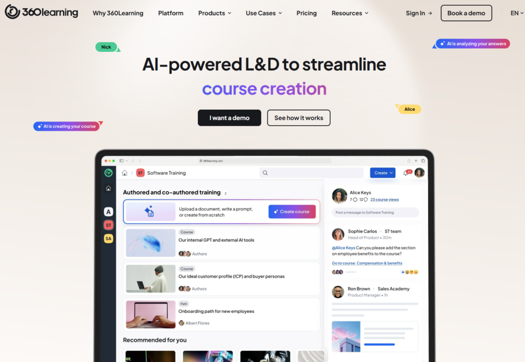 360Learning homepage promoting its AI-powered L&D course creation software.