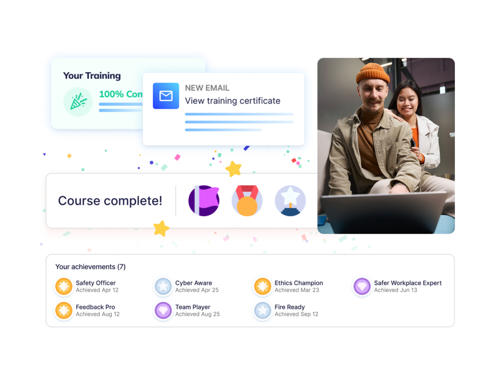 Operandio LMS dashboard showing course completion badges and achievements.