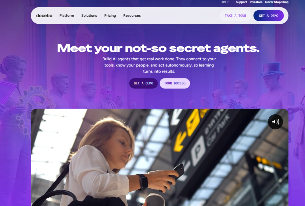 Docebo LMS website homepage promoting its AI agent training platform.