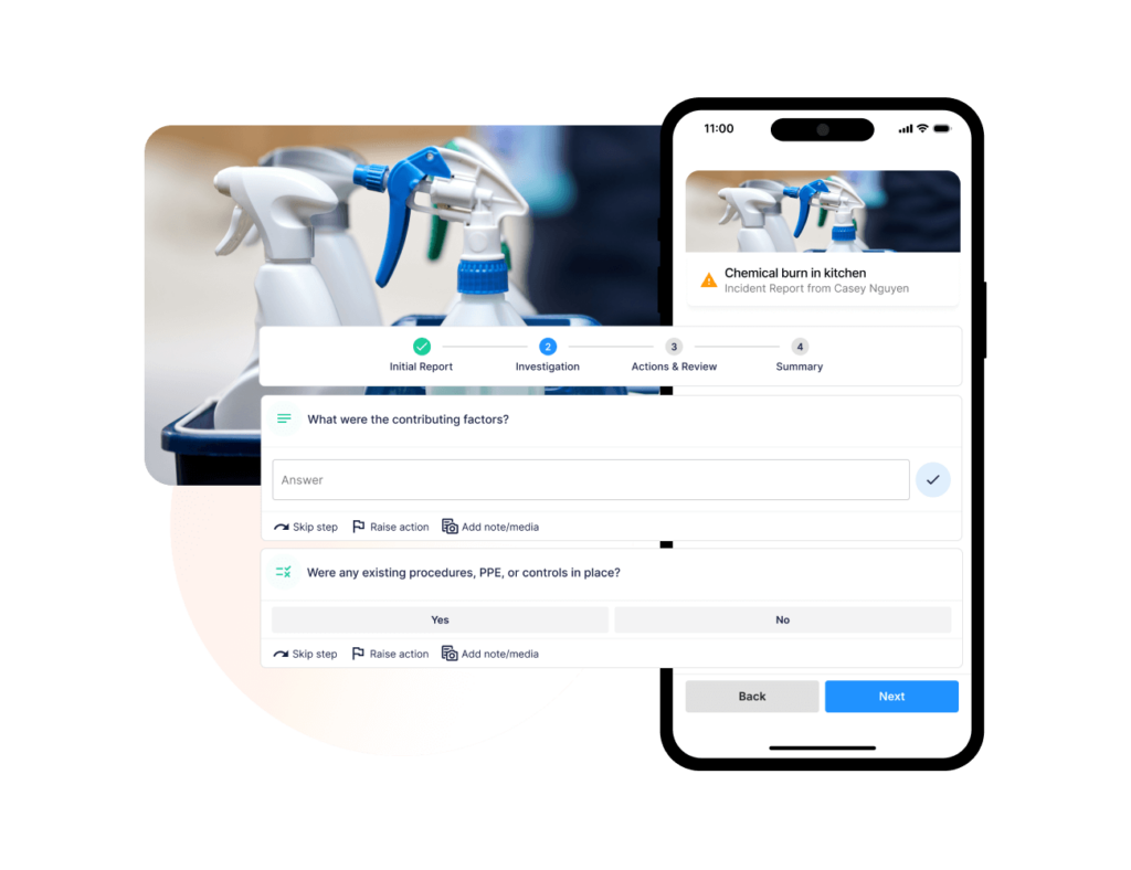 Operandio mobile app interface for workplace incident investigations.