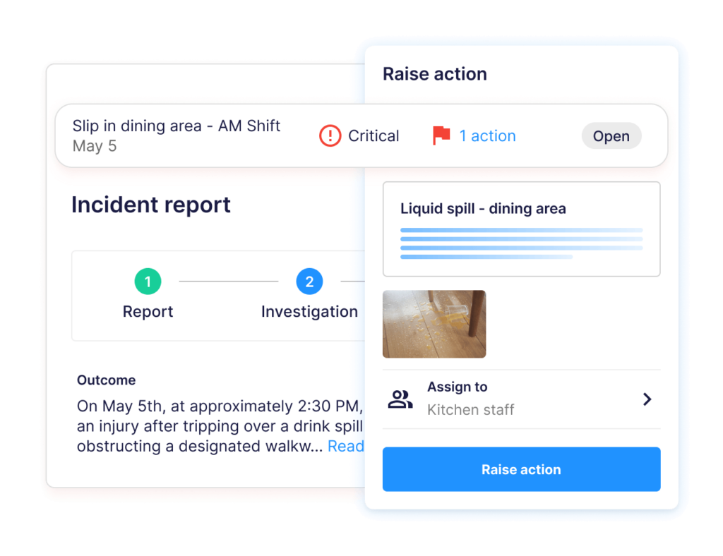 Operandio incident report interface showing a critical dining area slip.