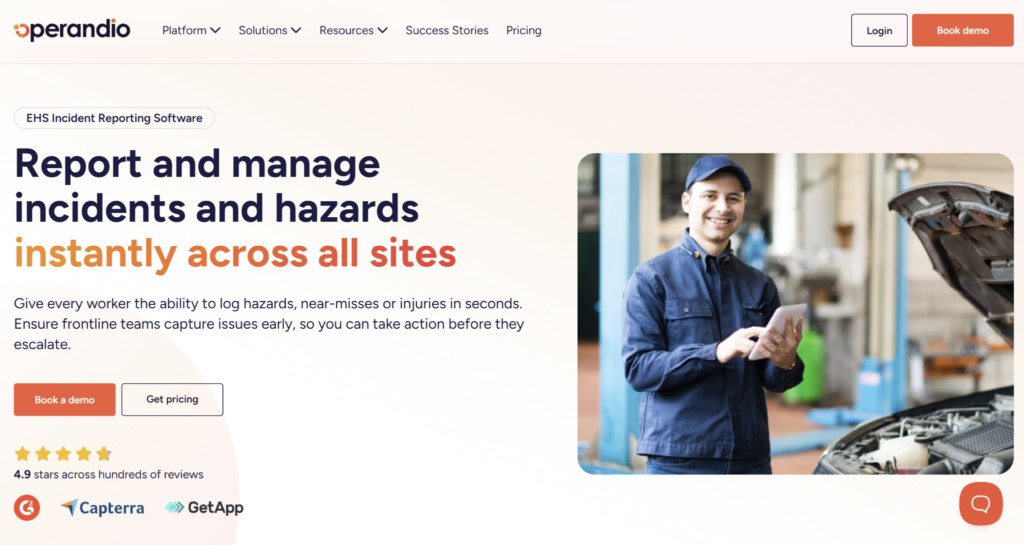 Operandio EHS incident reporting software landing page layout.
