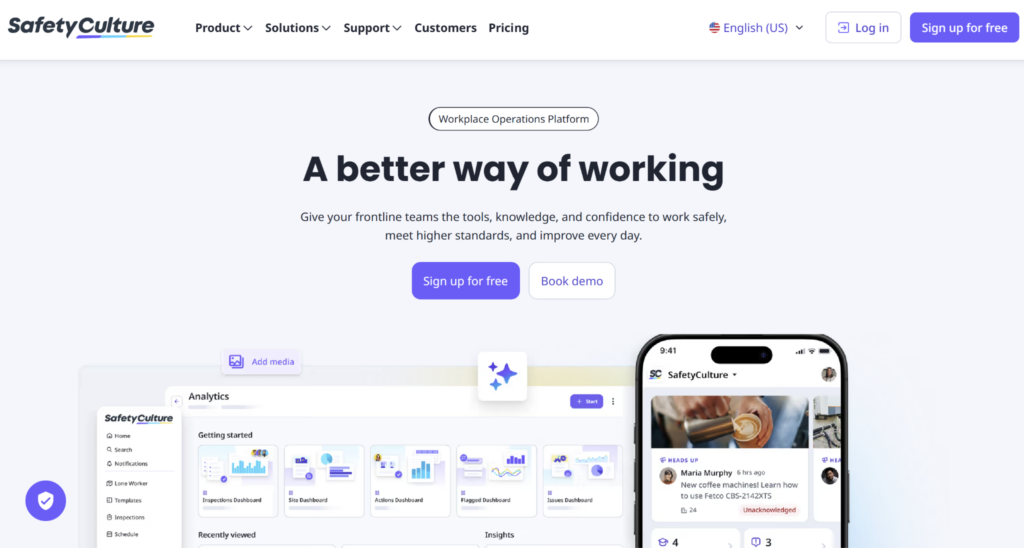 SafetyCulture homepage promoting its workplace operations platform software.