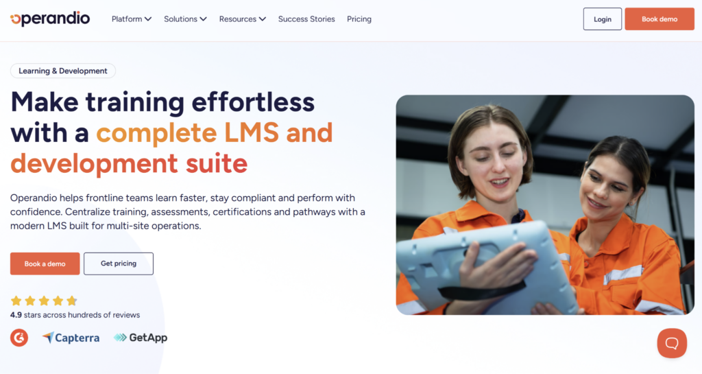 Operandio website homepage promoting an LMS and training development suite.