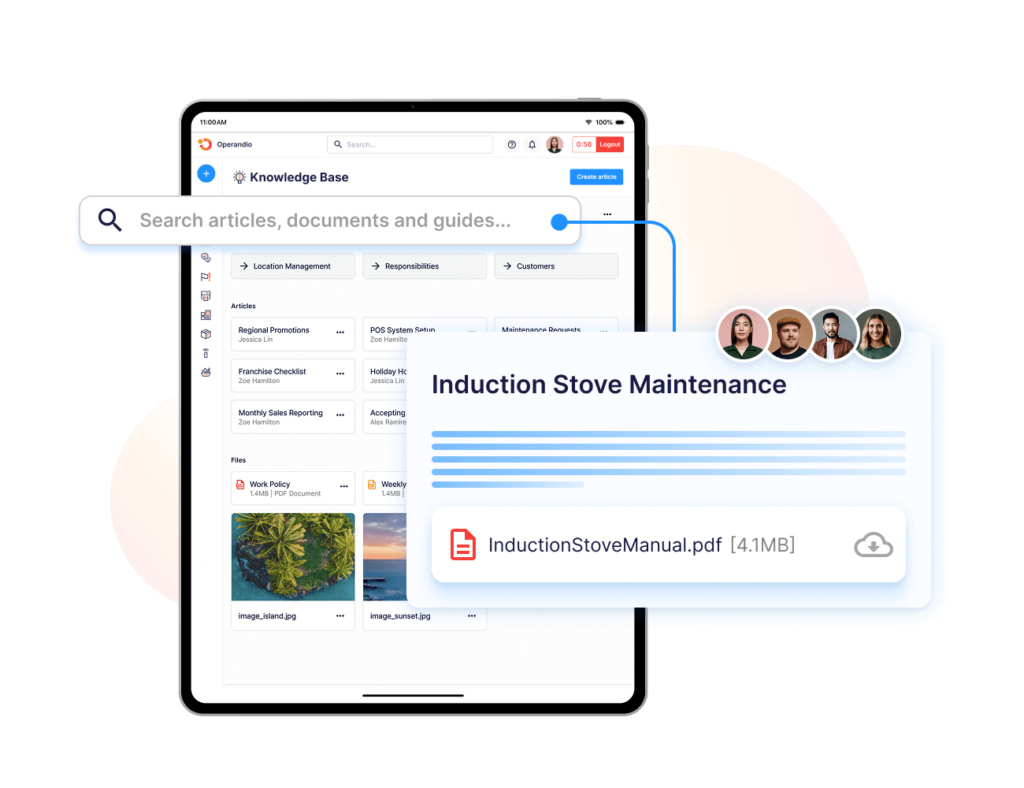 Operandio knowledge base interface displaying searchable training documents.