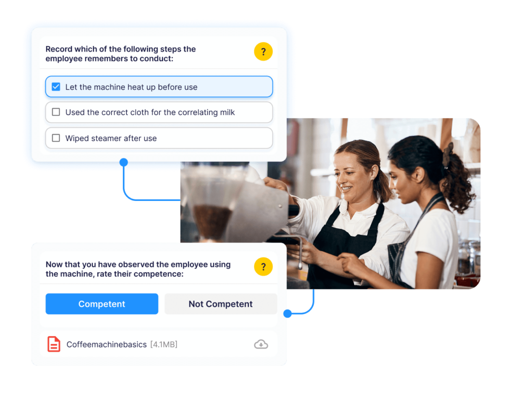 Operandio staff training interface with coffee machine competency checklists.