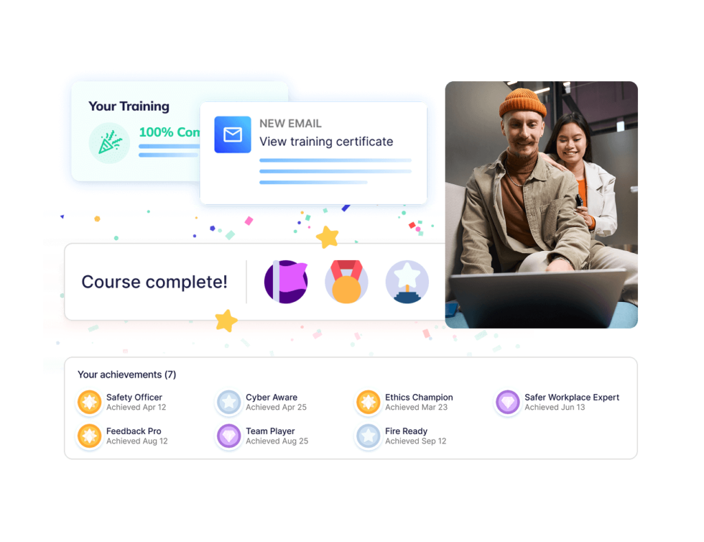 Operandio gamified training platform interface with employee course badges.