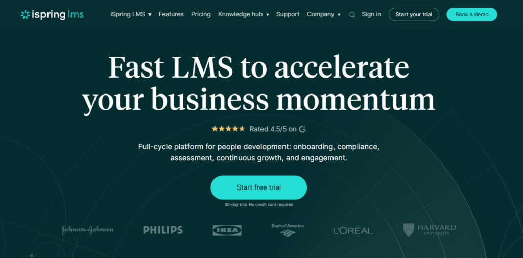 iSpring LMS website homepage promoting its learning management system.