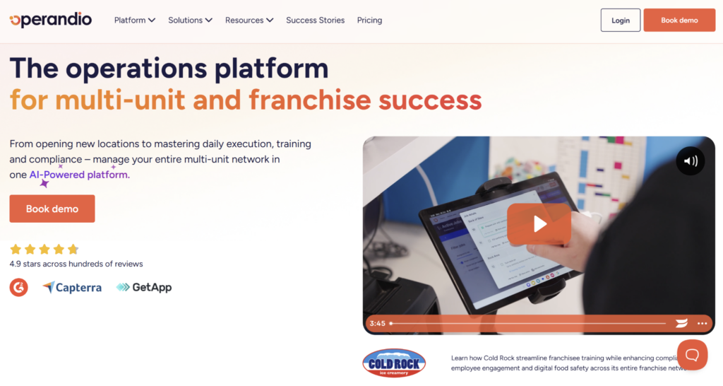 Operandio platform homepage featuring an AI-powered operations tool and a product demo video.