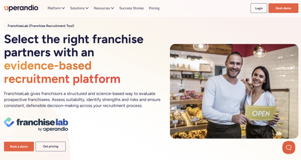 Operandio website homepage promoting FranchiseLab, an evidence-based franchise recruitment platform.