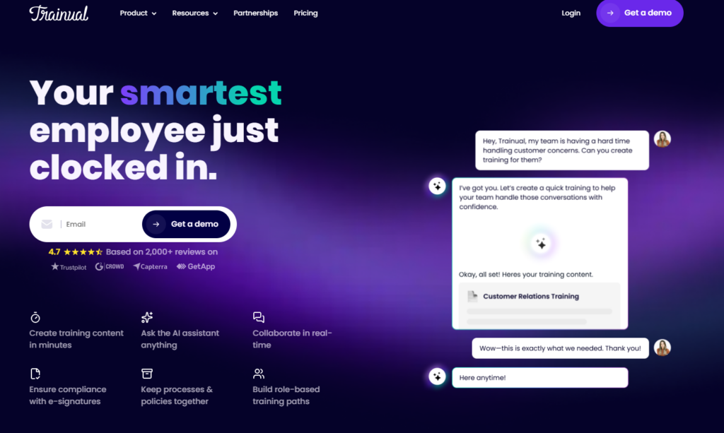 Trainual website homepage promoting AI employee training platform tools.