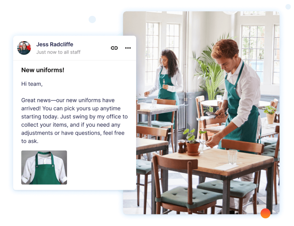 Restaurant staff announcement promoting new uniforms through an employee communication platform with a team message and dining room background.