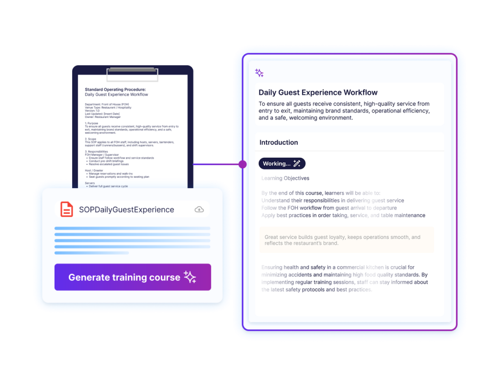 AI-powered course builder converting an SOP document into a training course with learning objectives and a 'Generate training course' button.