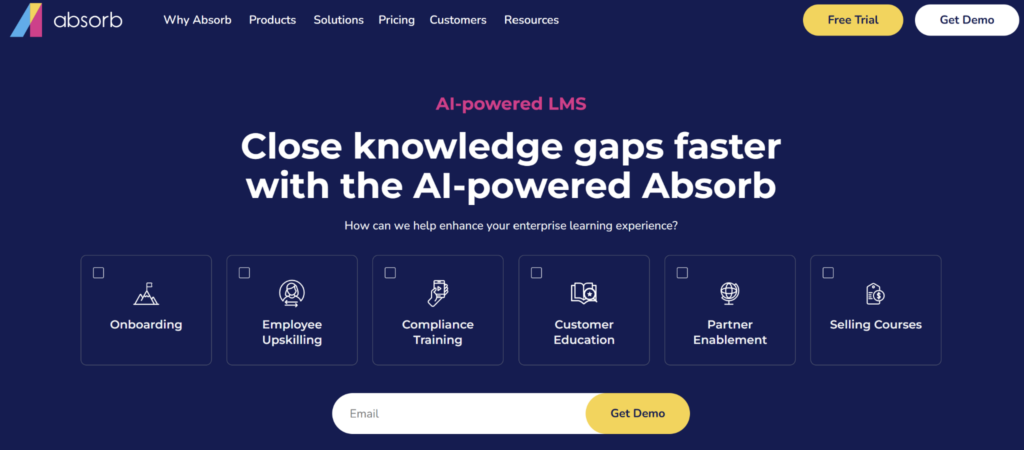Absorb LMS homepage banner: 'Close knowledge gaps faster,' with use case options like onboarding, upskilling, and compliance training.