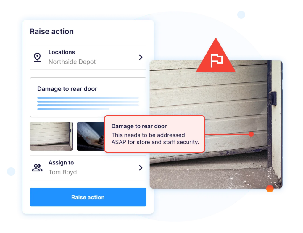 Raise action interface reporting damage to a rear door at Northside Depot, with photo evidence and assignment