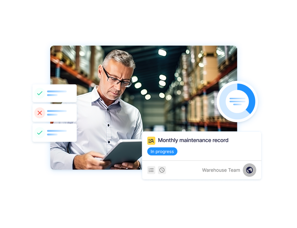 Warehouse worker using a tablet to complete a digital maintenance audit, with task progress, checklist status, and maintenance record overlays.