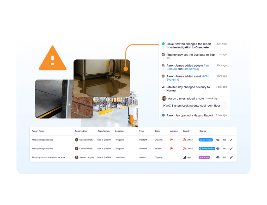Risk management dashboard displaying hazard reports, incident history, location-based risk tracking, and collaboration updates across multiple facilities.