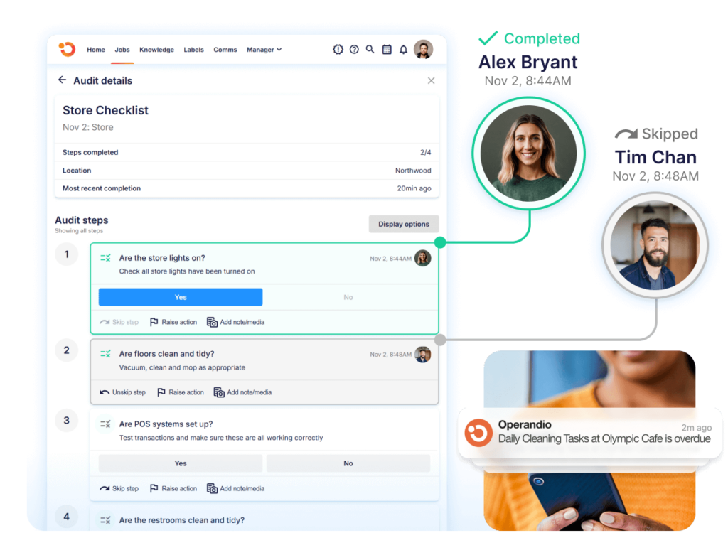 Store checklist audit interface with steps like lights and cleanliness, plus a notification about an overdue daily cleaning task.