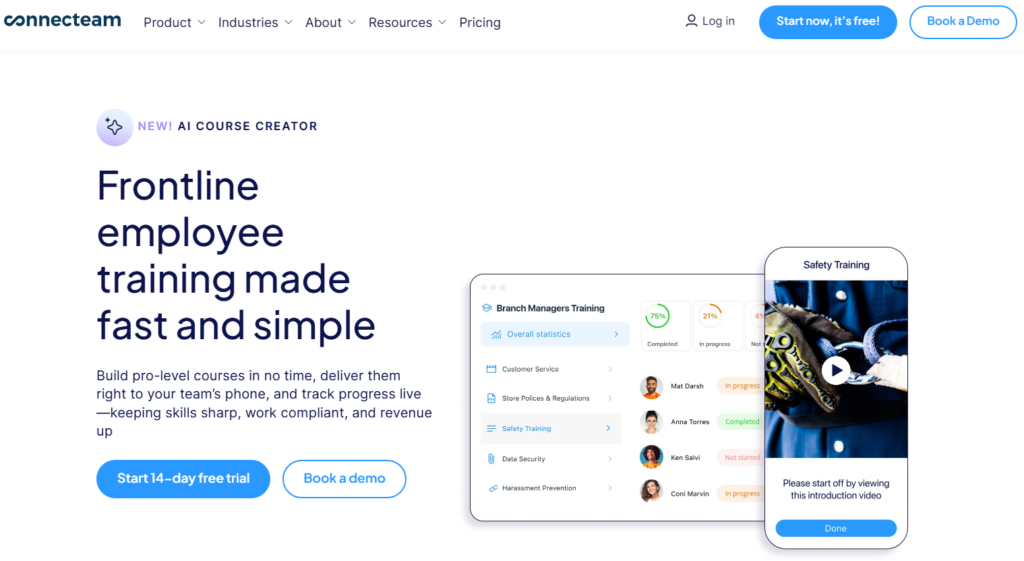Connecteam homepage banner: 'Frontline employee training made fast and simple,' with a training dashboard and Safety Training video preview.